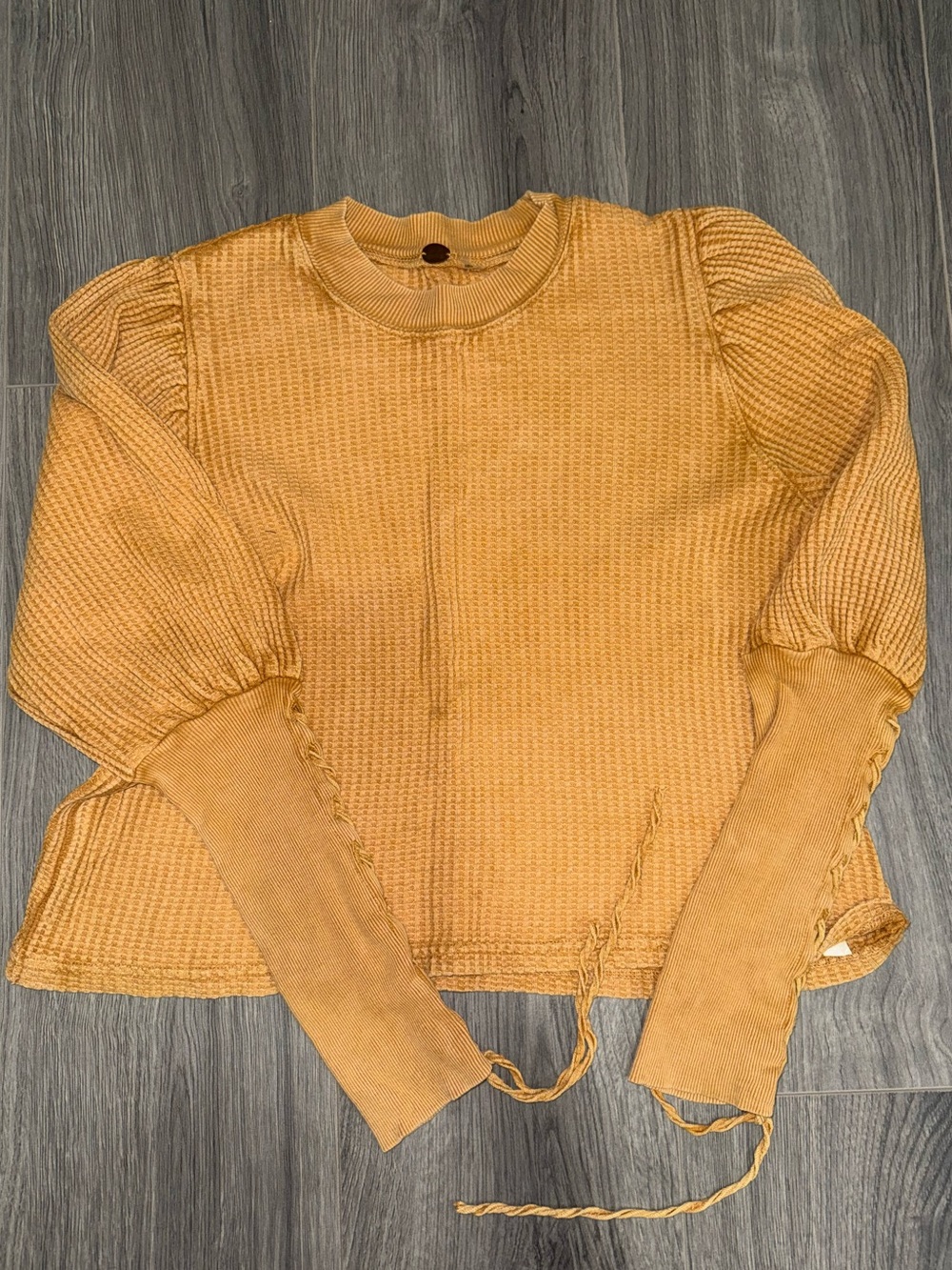 Waffle Knit Puff Sleeve Top in Mustard